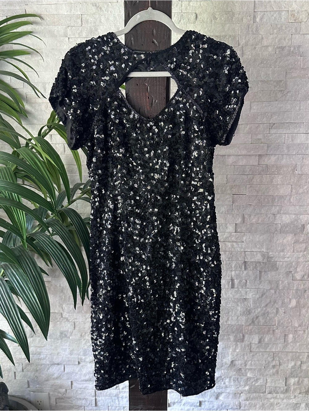 Stenay Silk Black Sequin Beaded Short Sleeve Vintage Dress Size M